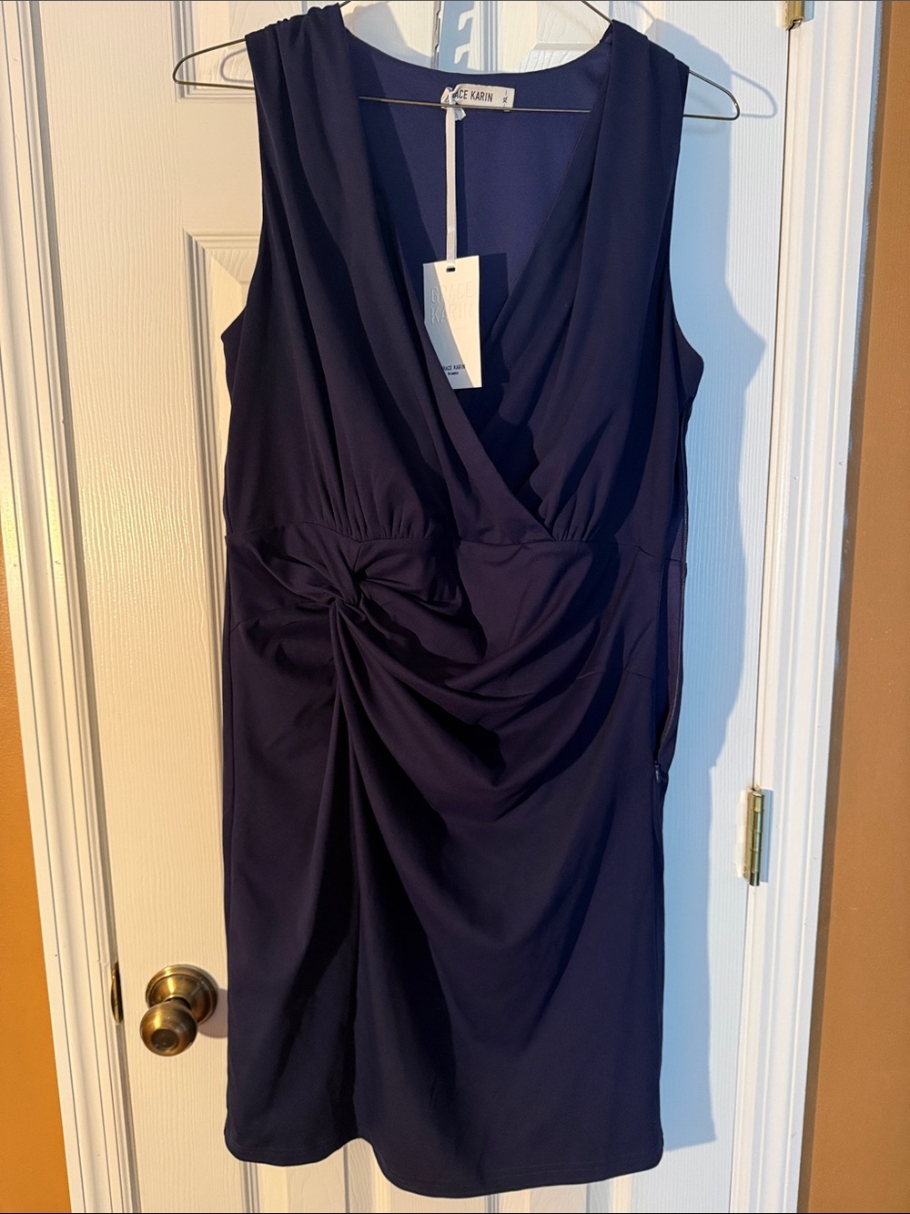 Grace Karin Navy Sleeveless Faux-Wrap Midi Dress with Twist Detail